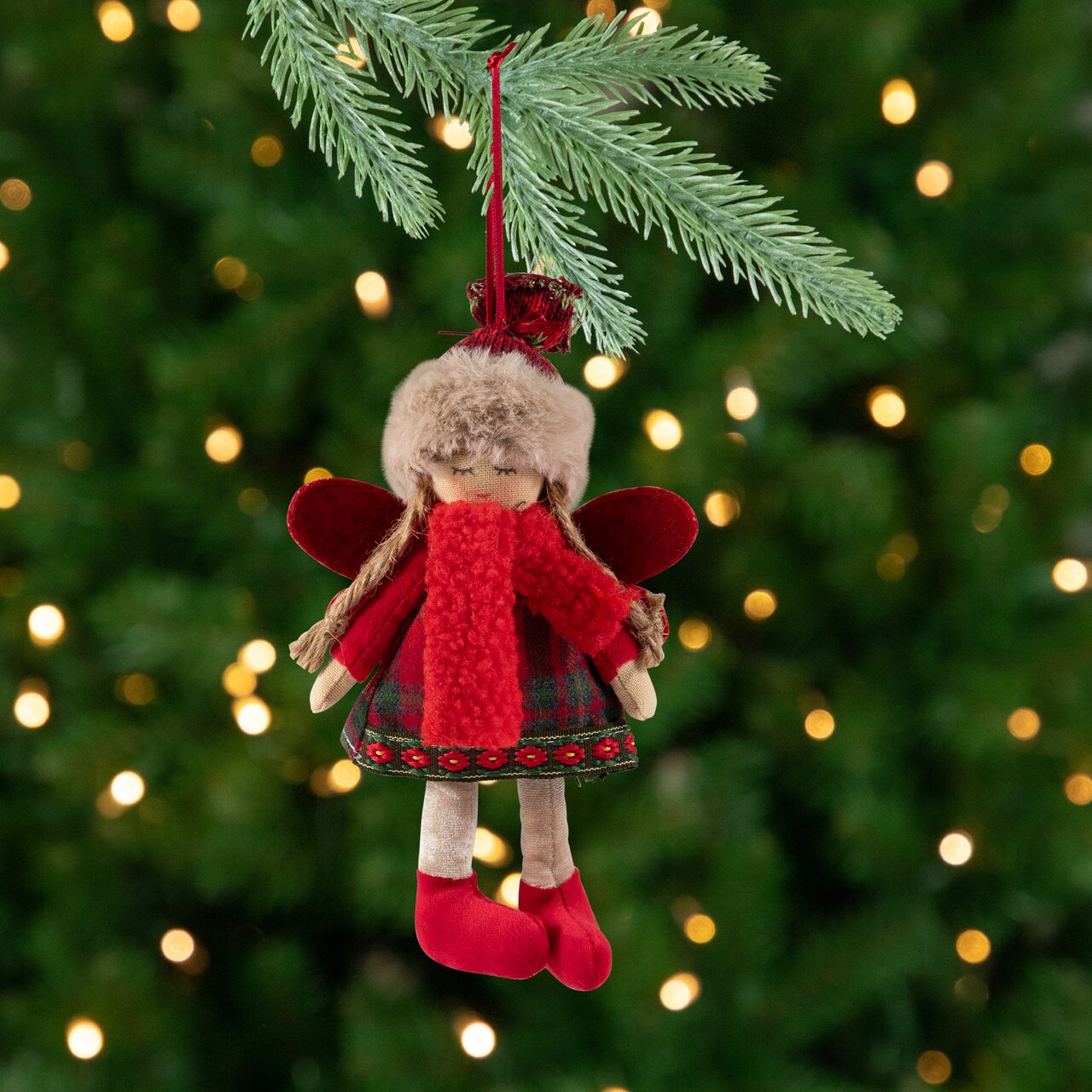 Northlight Plaid Angel Girl with Jute Pigtails Christmas Ornament - 8.5" - Red and Beige